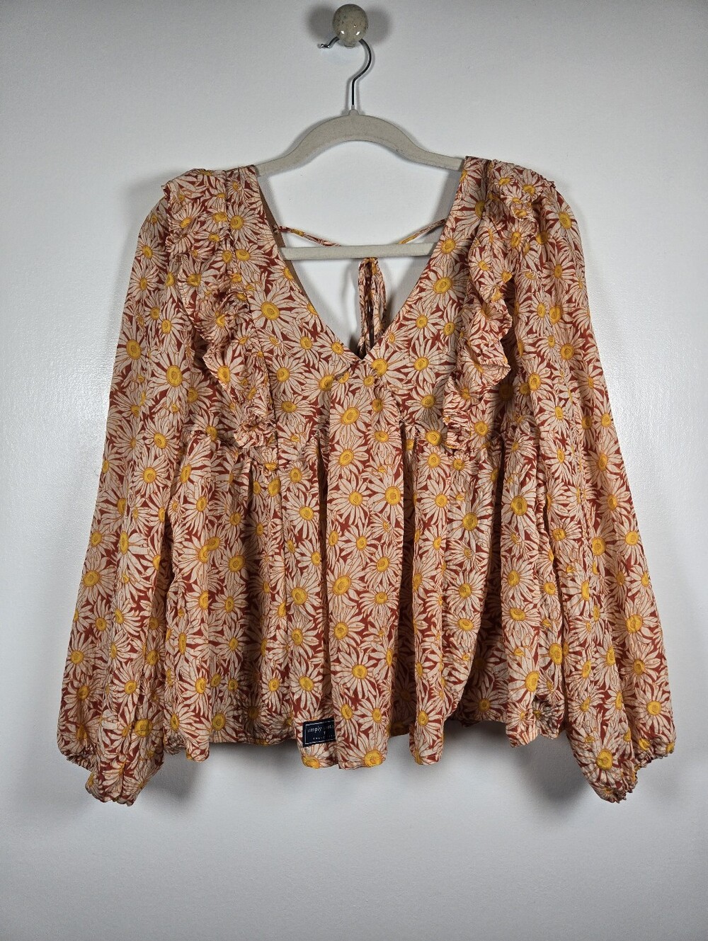 Simply Southern Sunflower V-Neck Balloon Sleeve Peasant Blouse Top Size Medium